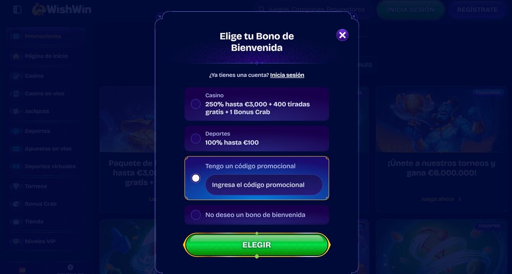 WishWin código promocional
