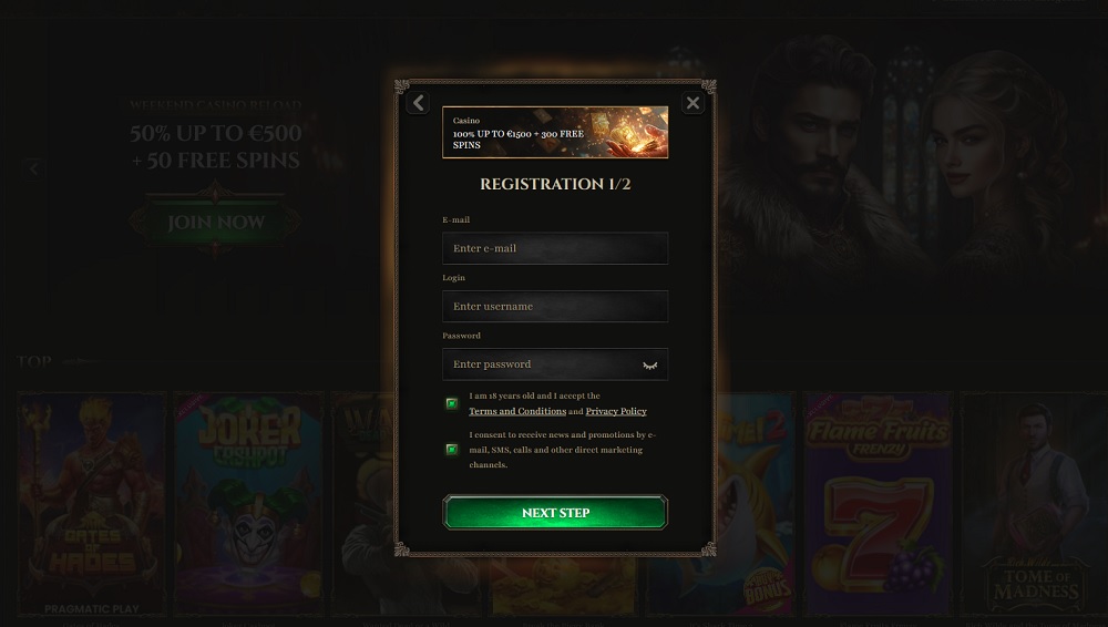 Preview of the registration form at Kyngs online casino with the casino welcome bonus selected