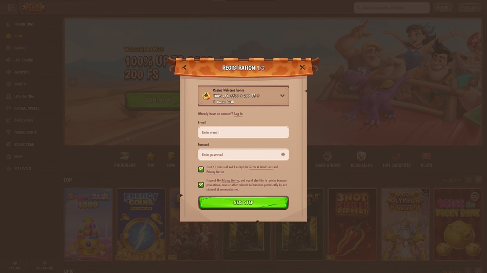 Preview of registration form with generous casino welcome bonus in Stone Vegas casino