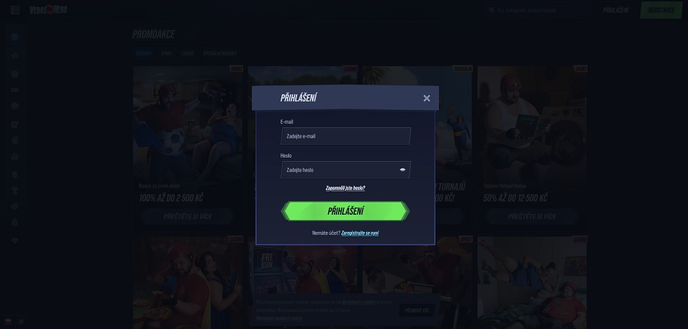 Náhled přihlašovacího formuláře v online casinu a sázkové kanceláři VegasHero