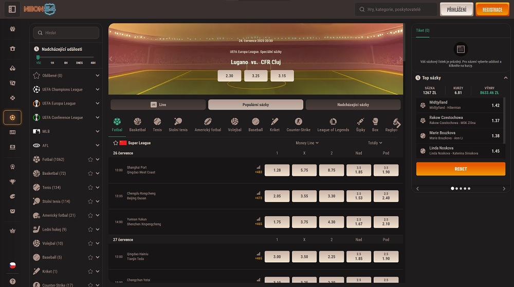 Náhled webové stránky plné sportovních událostí k sázení v sázkové kanceláři Neon54