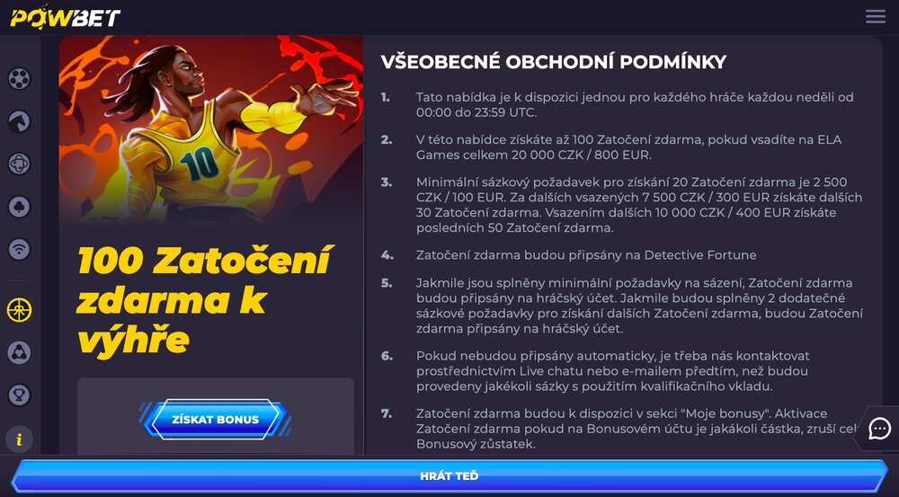 Powbet nedělní free spiny