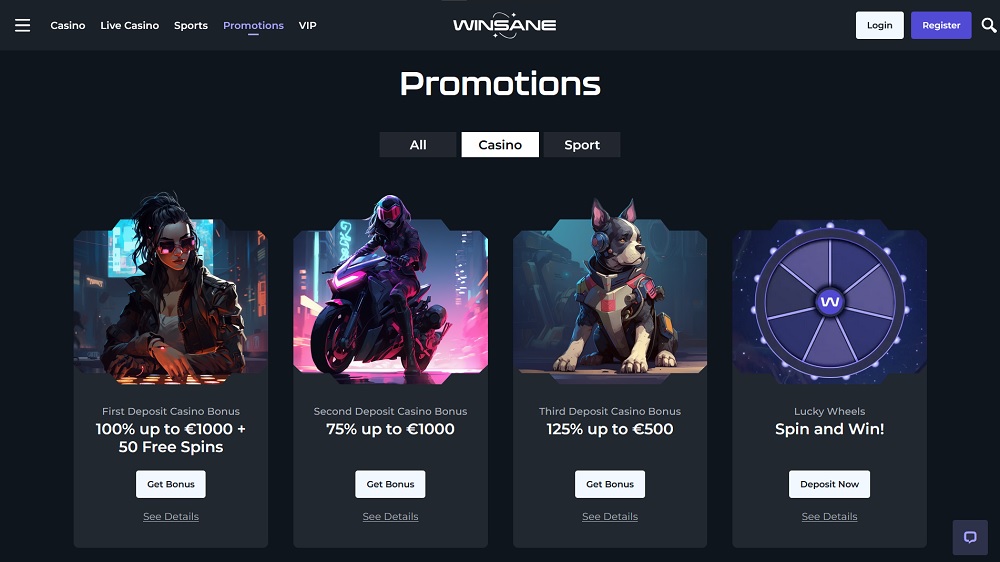 Preview of bonuses and promotions with free spins at Winsane online casino