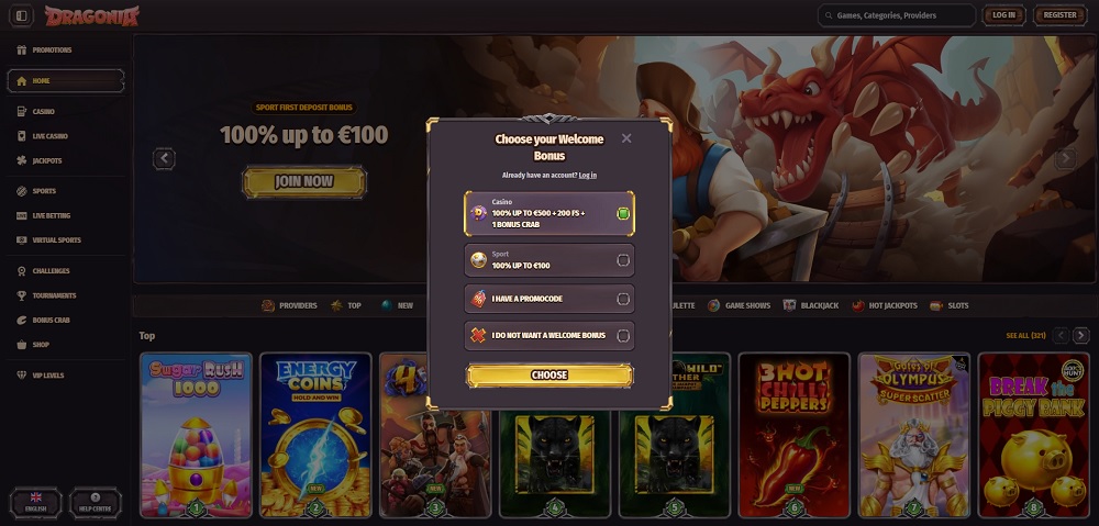 Preview of registration form with a generous welcome bonus in Dragonia casino