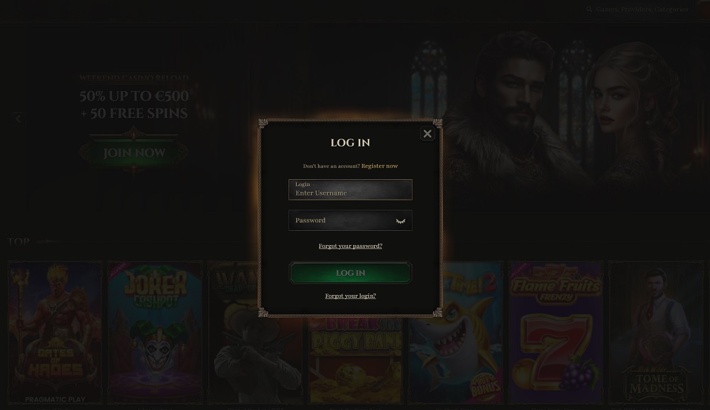 Preview of the login form at Kyngs online casino