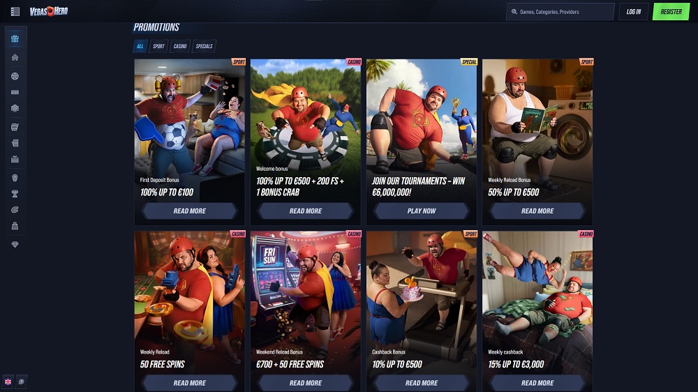 Bonuses and promotions preview in the VegasHero online casino and bookmaker