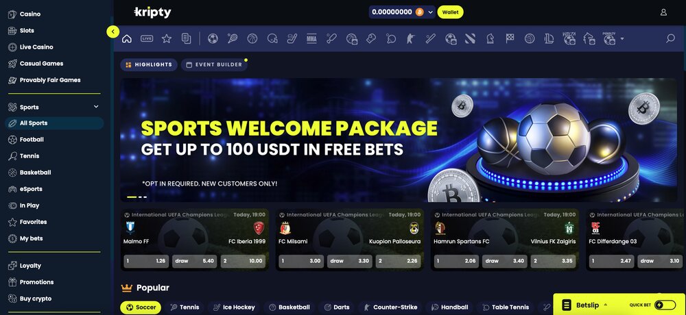 Página de inicio de la casa de apuestas Kripty