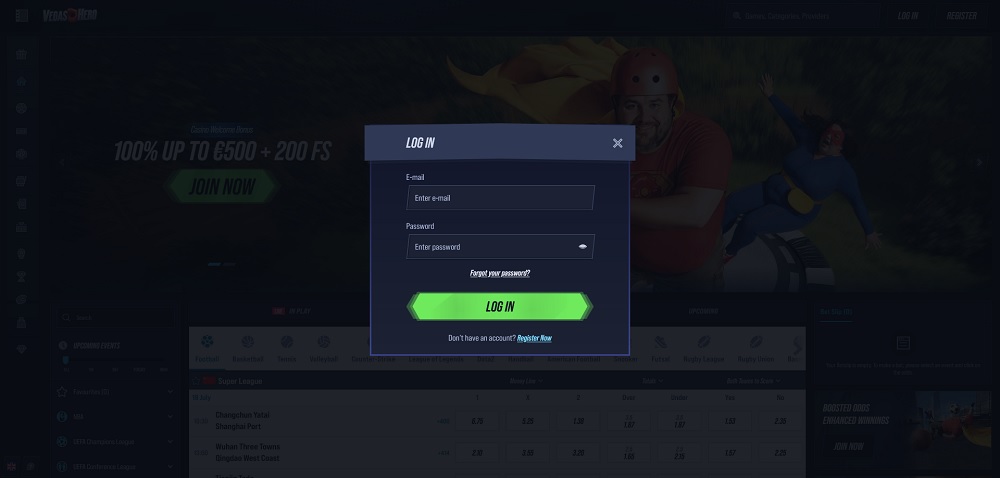 Login form preview in the VegasHero online casino and bookmaker