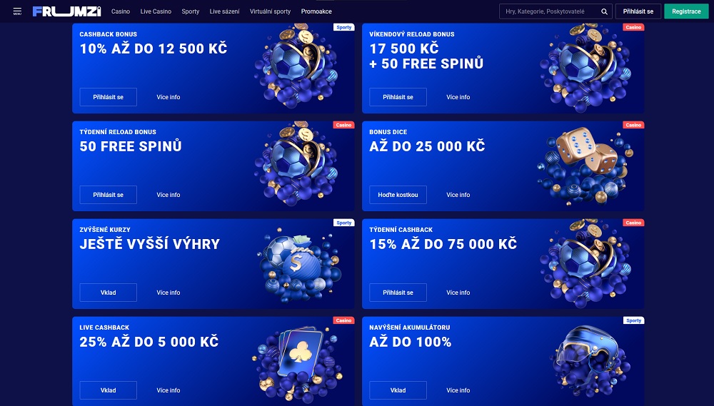 Náhled bonusů a promoakcí s cashback systémem v online casinu a sázkové kanceláři Frumzi