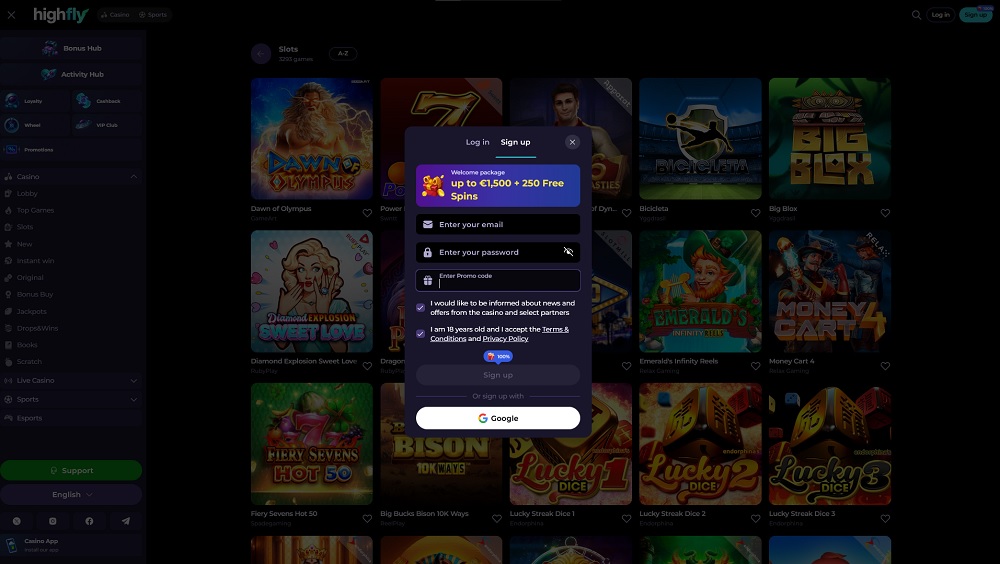 Preview of HighFlyBet registration form with promo code field