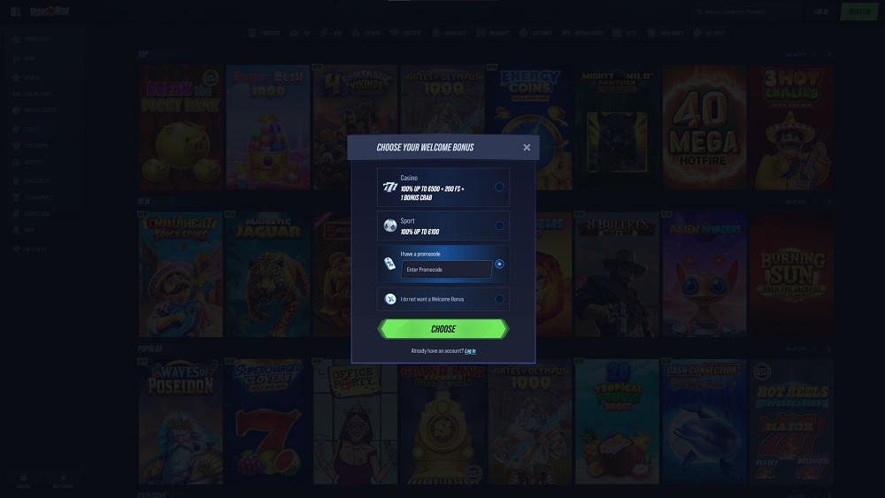 Preview of the registration form with promo code option at the VegasHero online casino and bookmaker