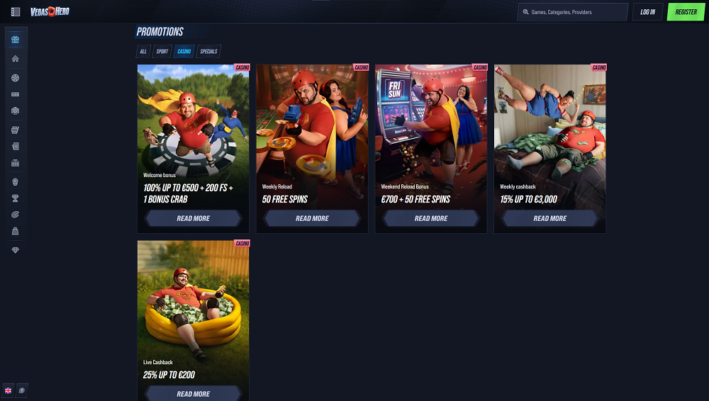 Preview of bonuses and promotions with free spins at VegasHero online casino