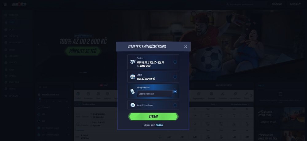 Náhled registračního formuláře s možností zadání promo kódu v online casinu a sázkové kanceláři VegasHero