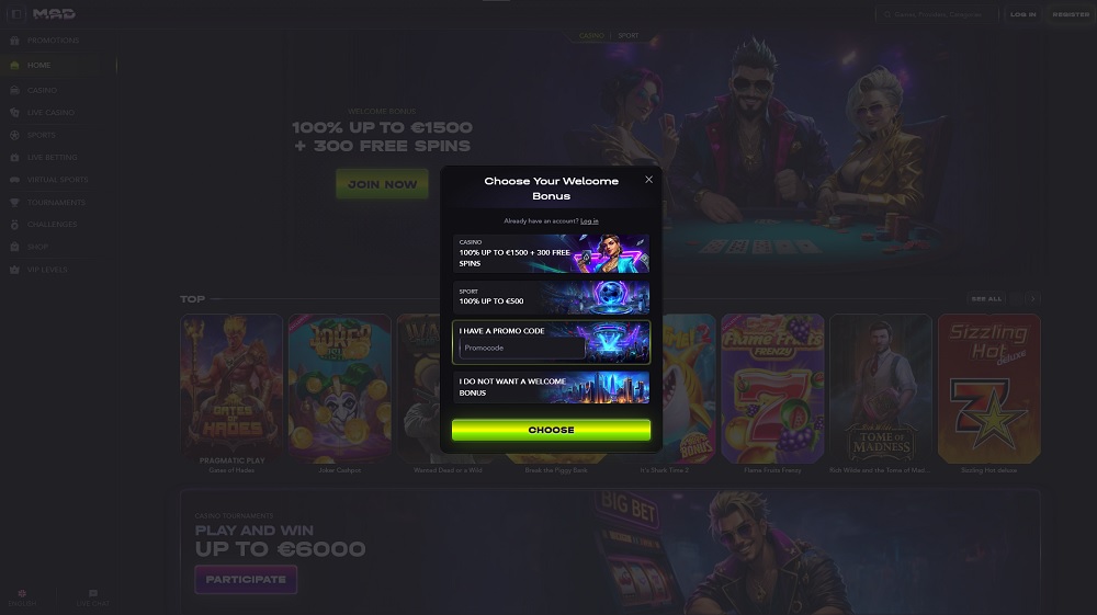 Registration form preview at MadCasino with welcome bonus and promo code option