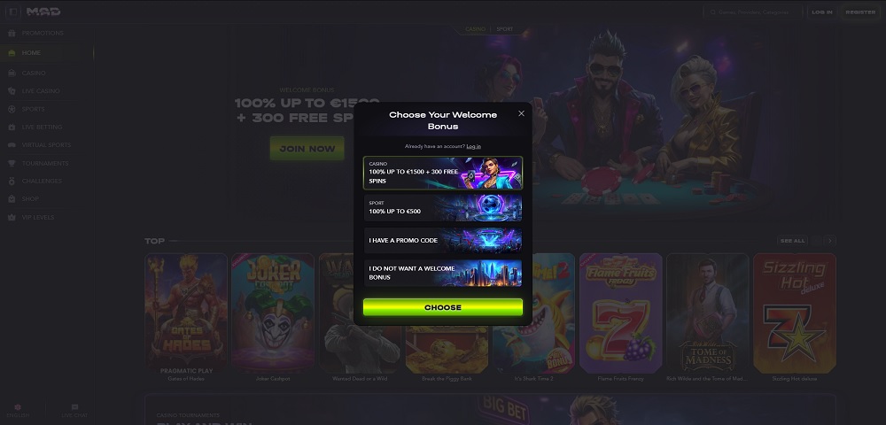 Preview of the generous welcome bonuses at MadCasino