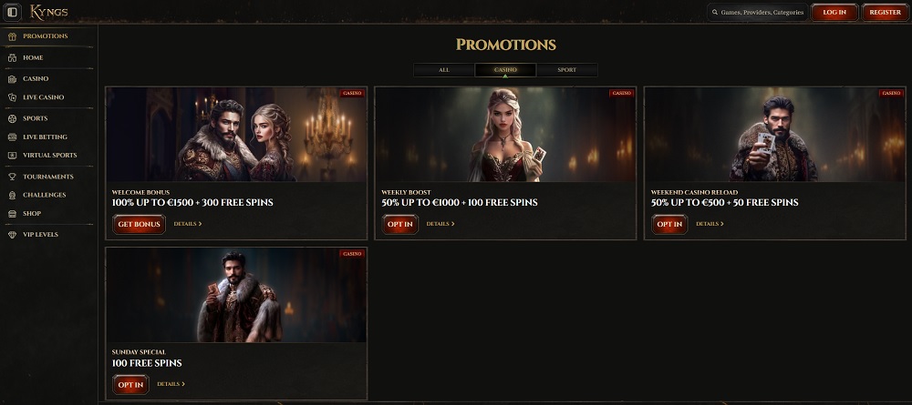 Preview of bonuses and promotions with free spins at Kyngs online casino