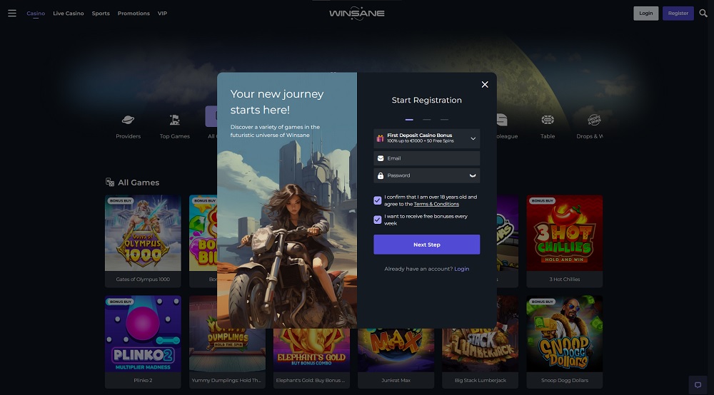 Preview of the registration form at Winsane online casino and bookmaker