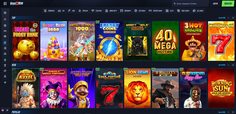 Preview of the game library in online casino VegasHero