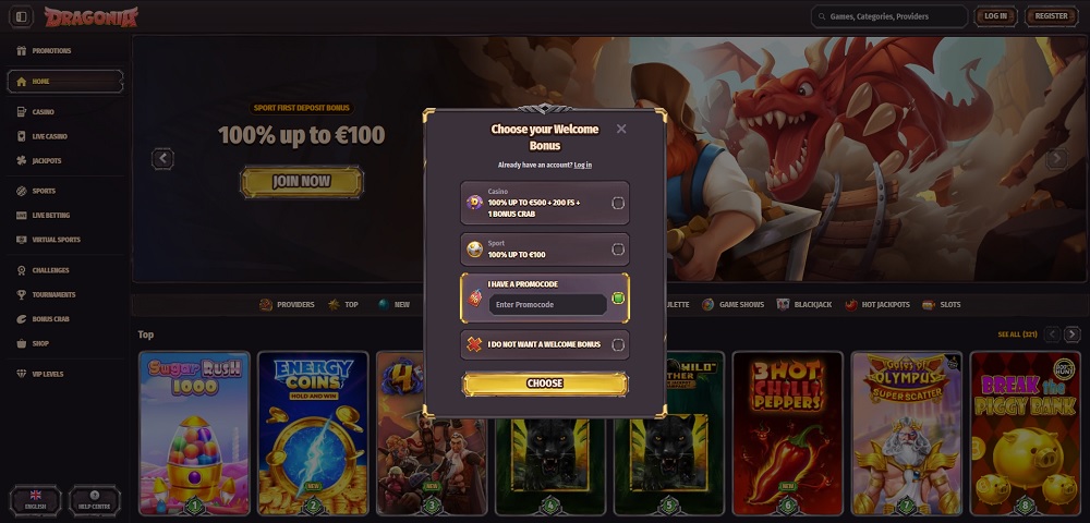 Preview of the registration form with a promo code field at Dragonia online casino