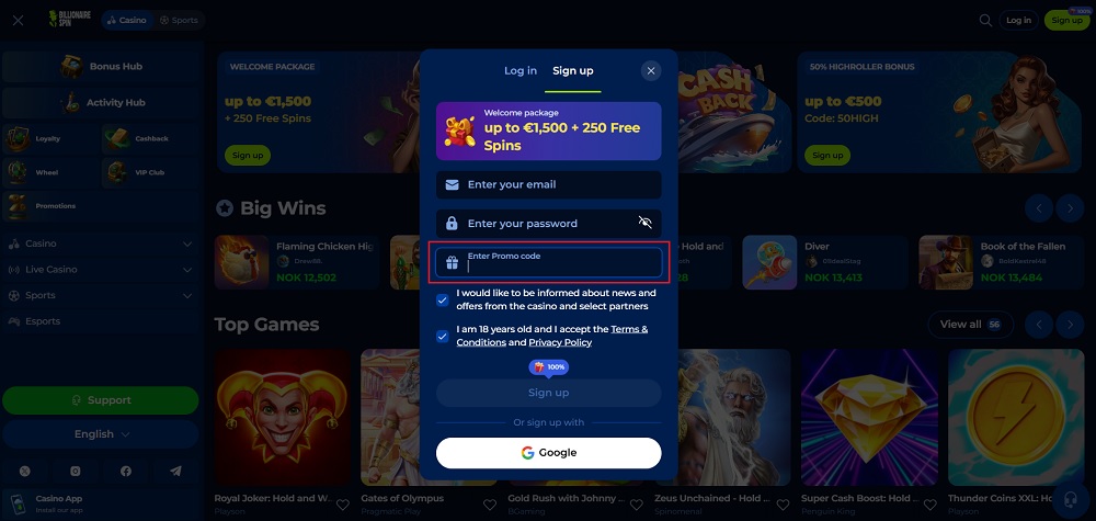 Billionairespin promo code