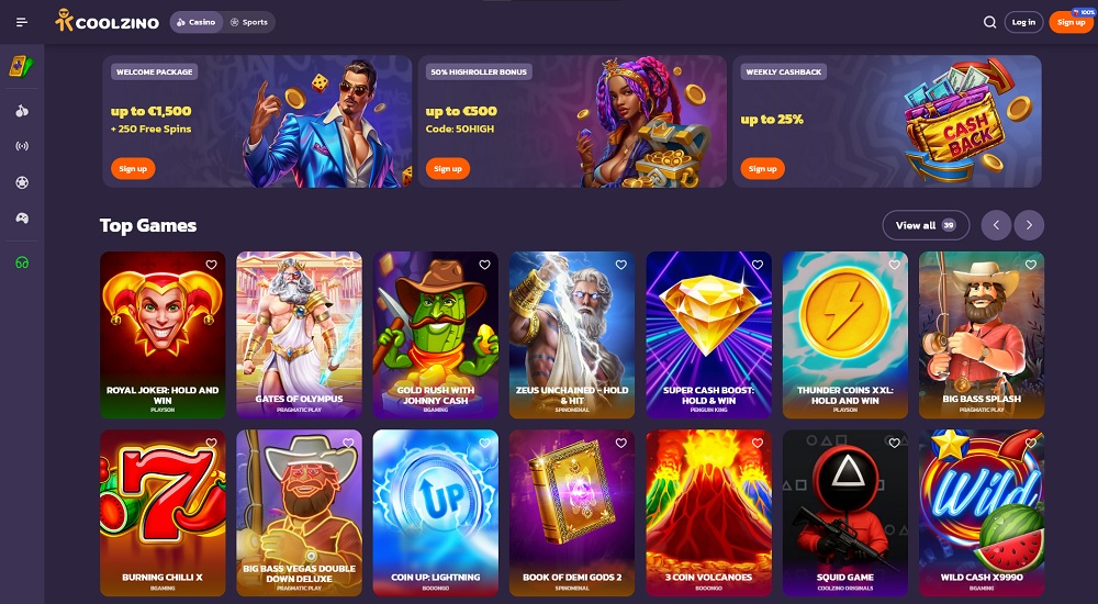 Preview of the online casino Coolzino landing page with generous welcome bonus and thousands of amazing games 
