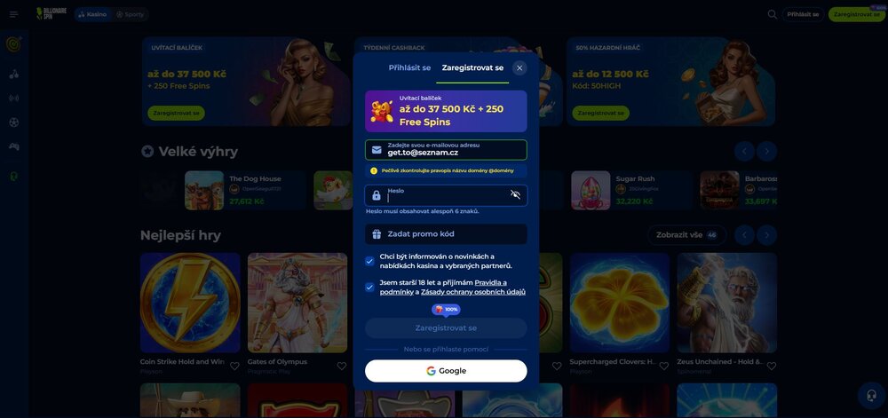billionaire spin registrační formulář