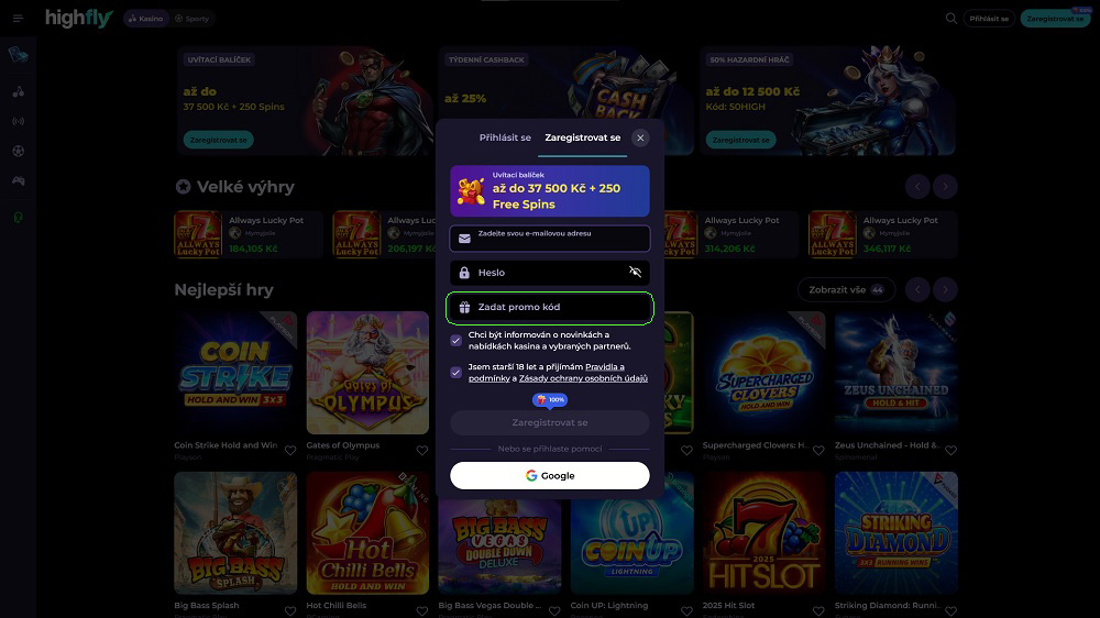 Náhled registračního formuláře HighFlyBet s polem pro promo code