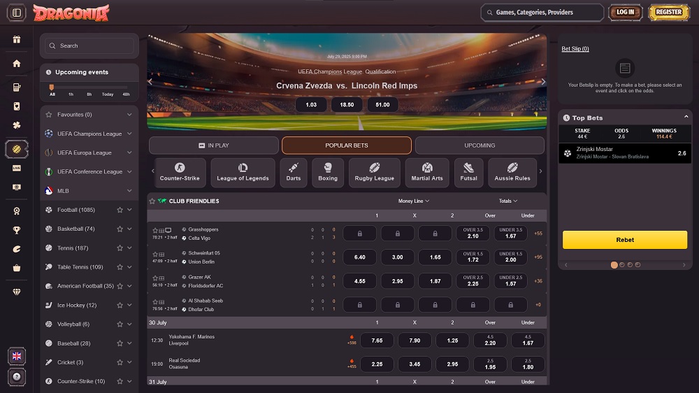 Preview of the wide selection of sports and events to bet on at Dragonia sportsbook