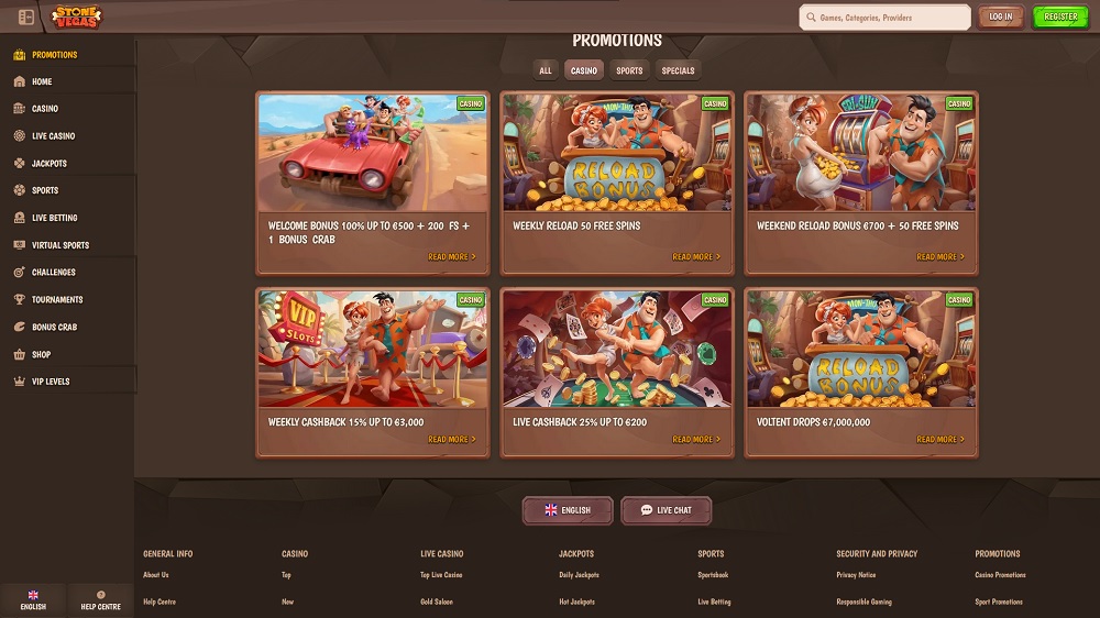Preview of bonuses and promotions with free spins at Stone Vegas online casino