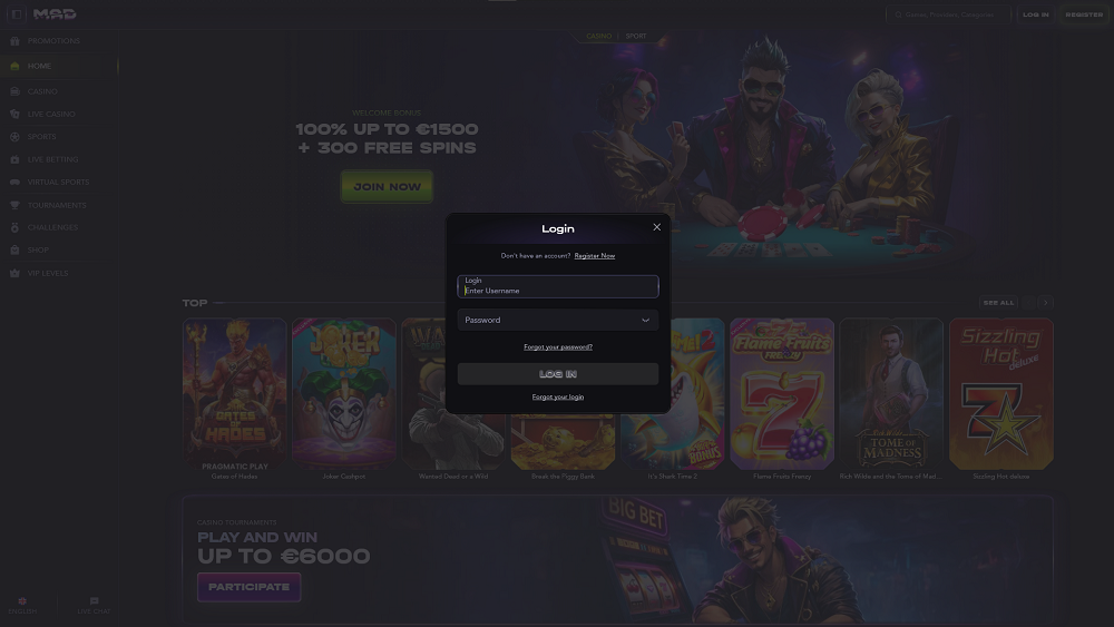 Login form preview in the MadCasino online casino and bookmaker