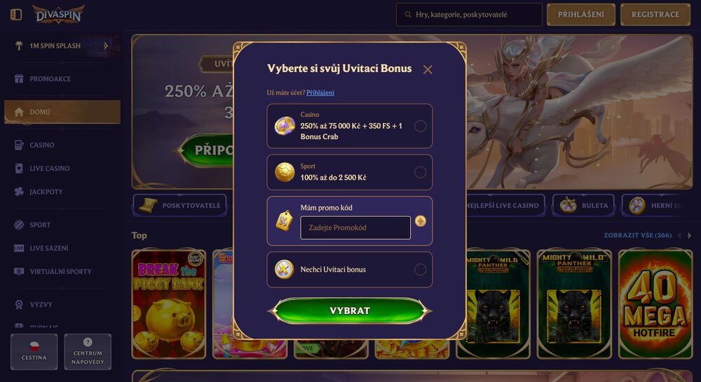 DivaSpin registrace s promo code