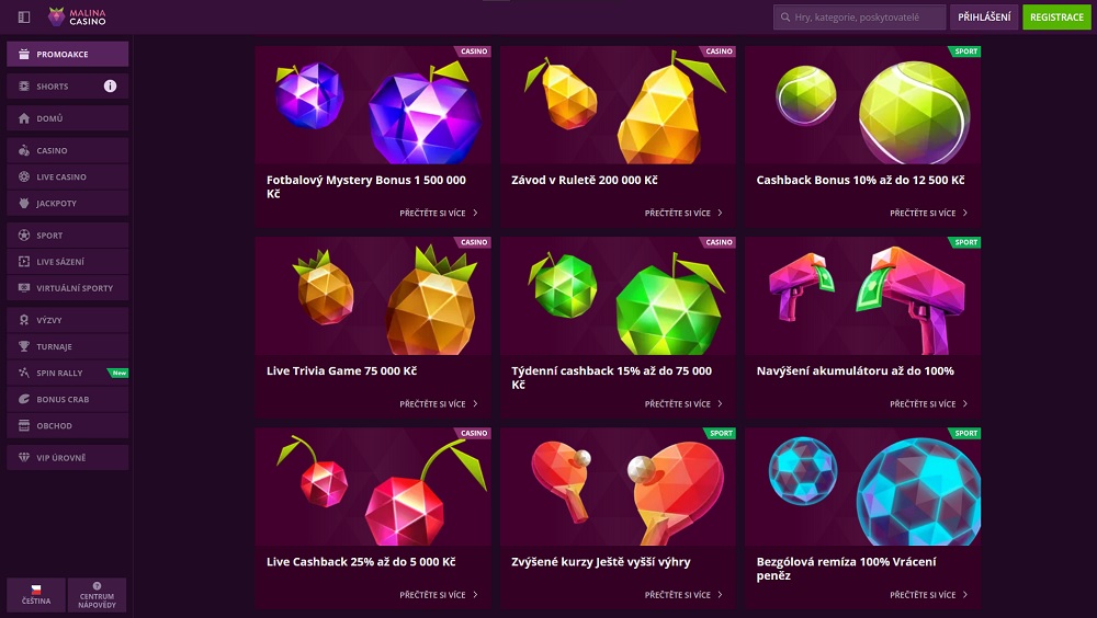 Náhled bonusů a promoakcí s cashback systémem v online casinu a sázkové kanceláři Malina Casino