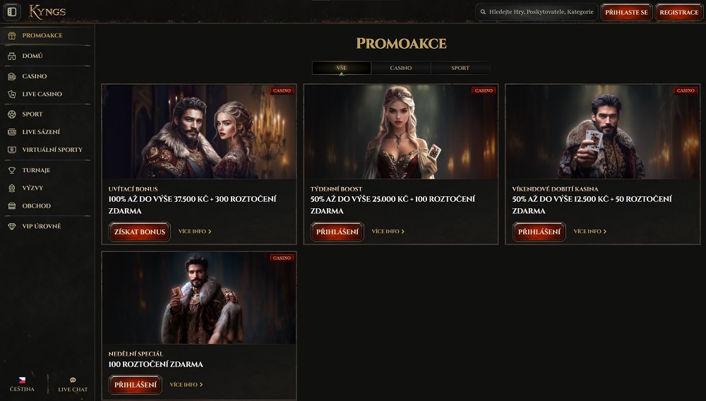 Náhled bonusů a promoakcí v online casinu Kyngs