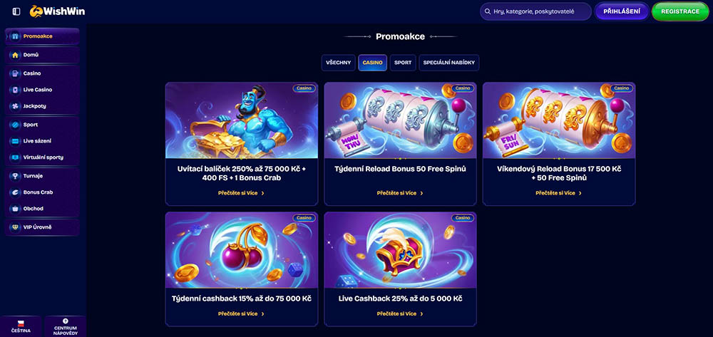 Preview of bonuses and promotions at the WishWin online casino
