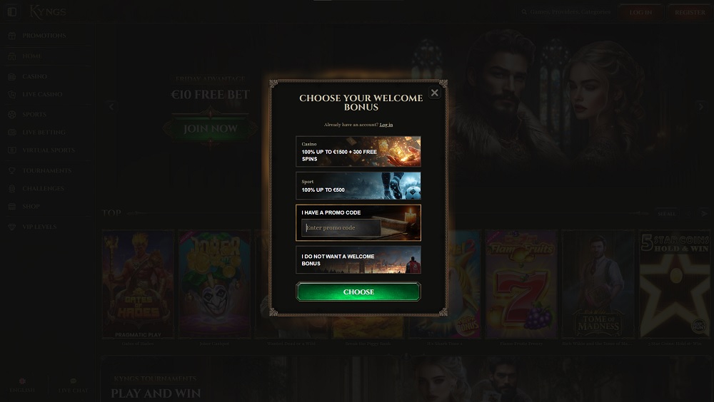 Preview of the registration form with a promo code field at Kyngs online casino and bookmaker