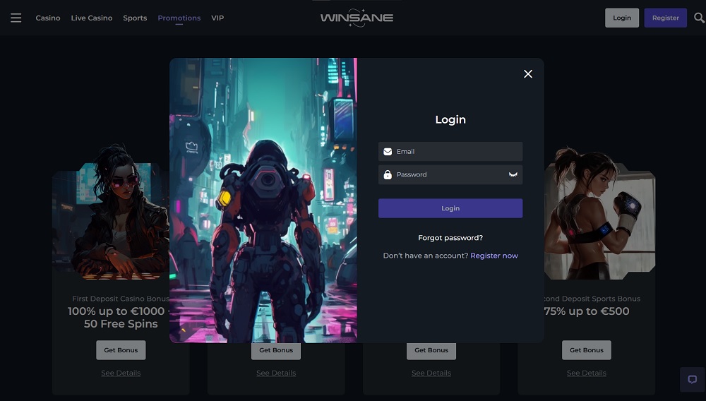 Preview of the login form at Winsane online casino and sportsbook