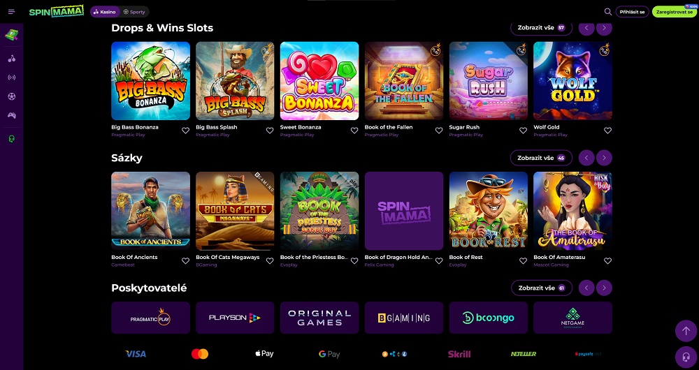 Náhled úvodní stránky Spinmama s bannerem platebních metod