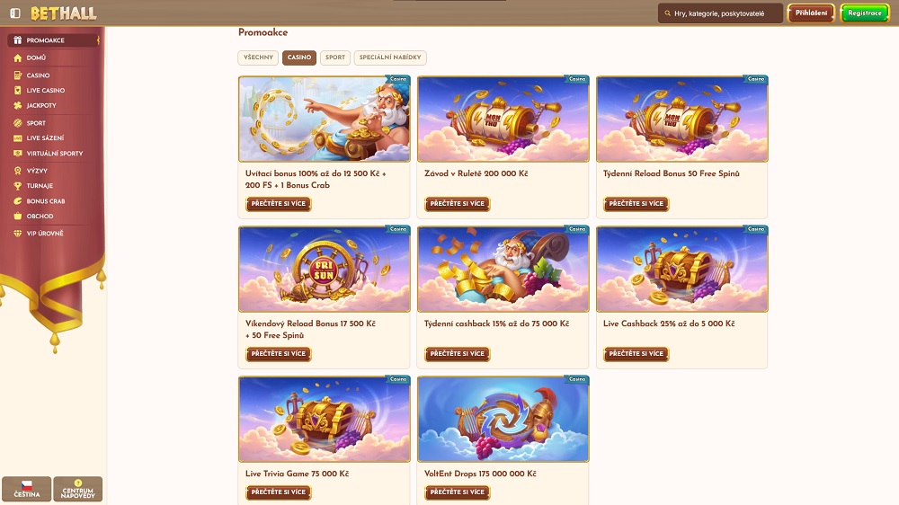 Náhled bonusů a promoakcí s free spins v online casinu BetHall