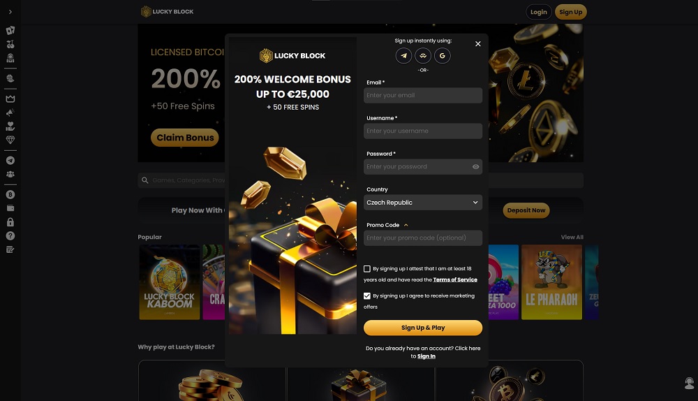 Náhled registračního formuláře s polem pro promo code v online casinu Lucky Block
