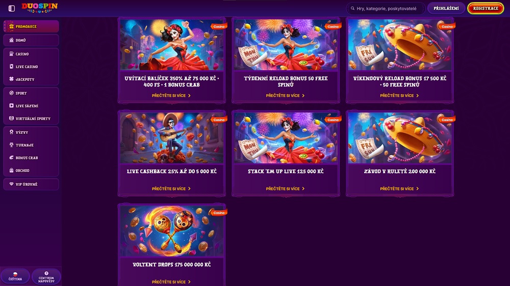 Náhled bonusů a promoakcí s free spins v online casinu Duospin