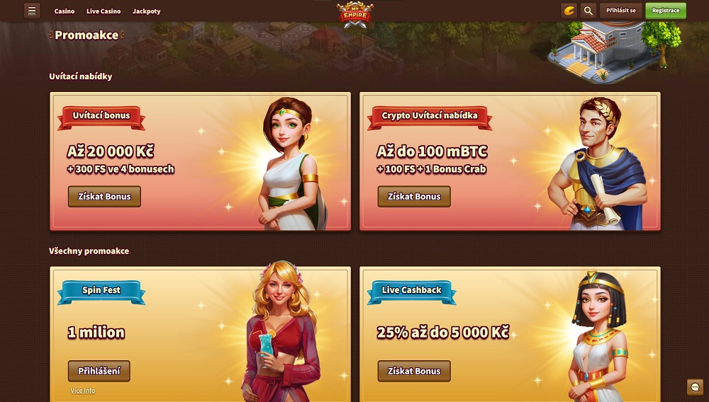 Náhled bonusů a promoakcí s free spiny v online casinu My Empire