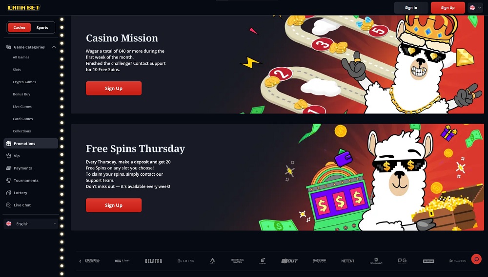 Preview of the bonuses and promotions containing free spins at Lamabet casino