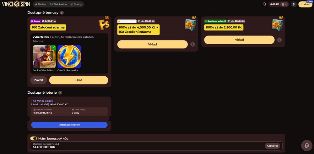 Vinci Spin slothbet no deposit bonus