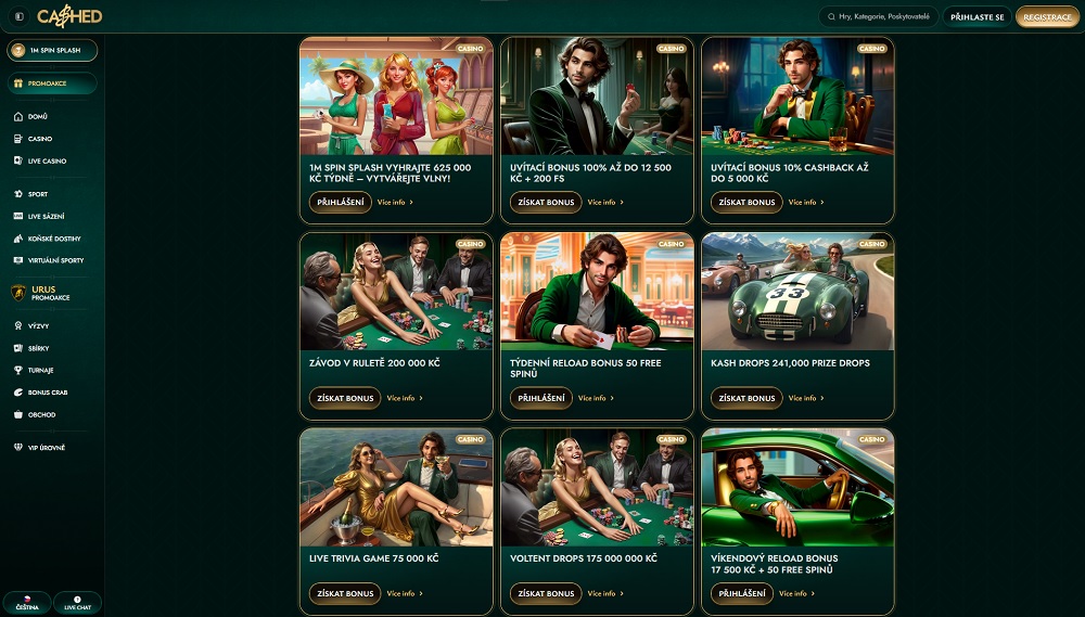 Náhled bonusů a promoakcí s free spiny v online casinu Cashed