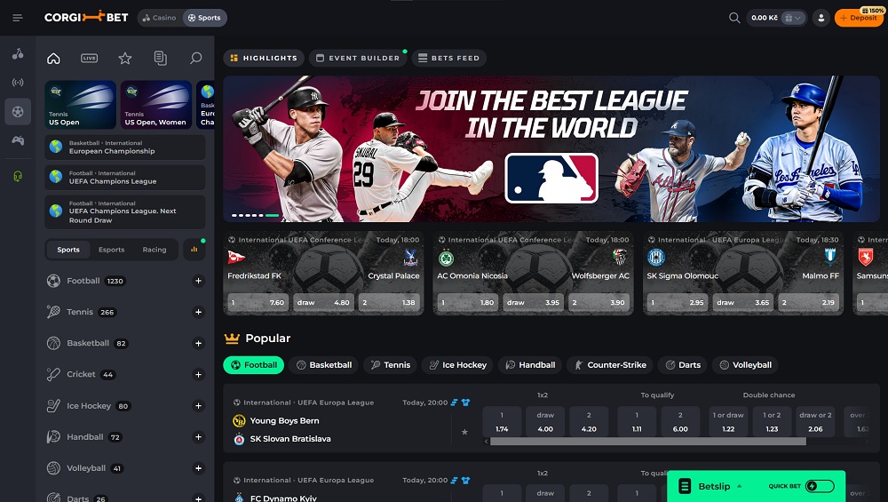 Preview of the sports section at Corgibet bookmaker