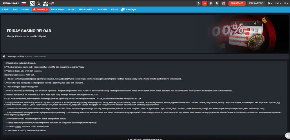  páteční reload bonus v casinu megapari