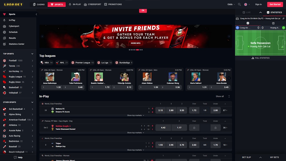 Preview of the sports section at Lamabet bookmaker