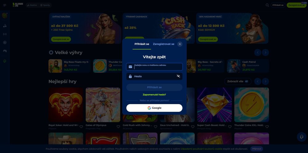 přihlášení do casina billionairespin