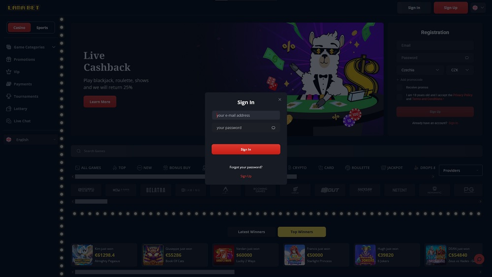 Preview of the login form at Lamabet casino