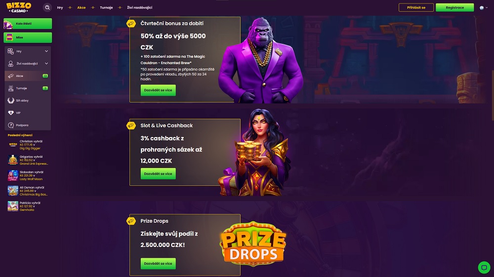 Náhled bonusů a promoakcí v Bizzo Casino